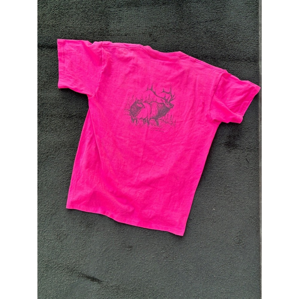Vintage Oneita Power 50 Plus Elk Graphic T-Shirt Neon Pink Made in USA Large